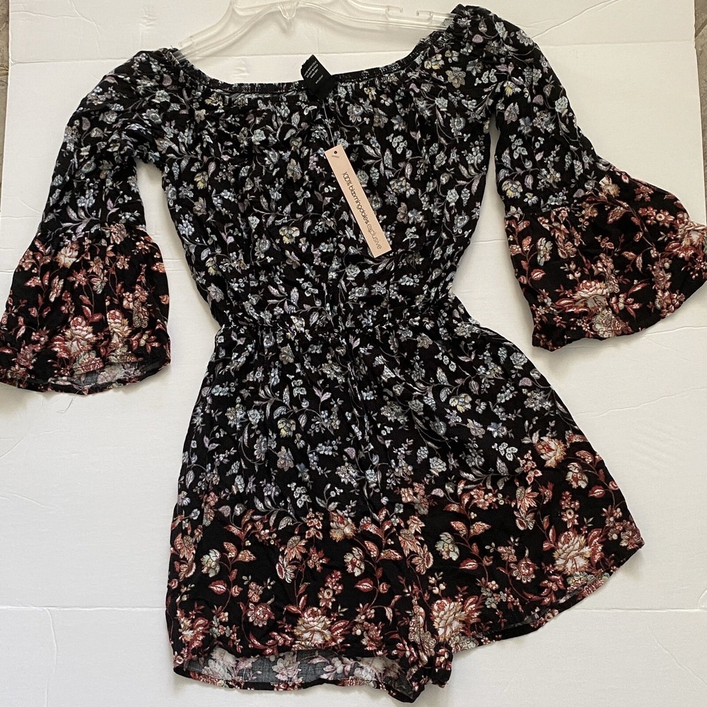 Aqua Bloomingdales Exclusive Floral Off Shoulder Bell Sleeve Romper Black XS